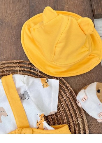 3-6 ay Şapkalı Sarı Örme Bebek Erkek Kısa Kollu Tulum Seti - Görsel 2