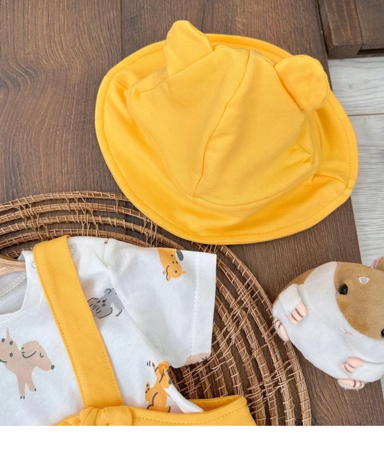 3-6 ay Şapkalı Sarı Örme Bebek Erkek Kısa Kollu Tulum Seti - Görsel 2