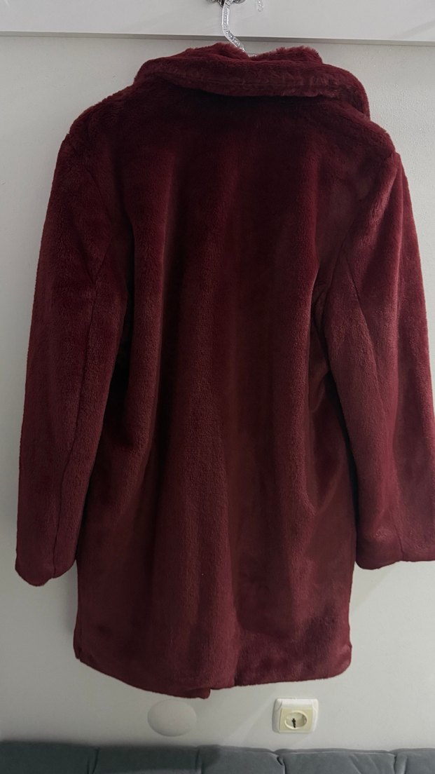 Bordo Kadın Midi Boy Kürk Detaylı Mont - Görsel 2