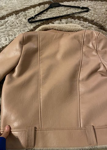 Bej Deri Ceket, Kürk Detaylı, Midi Boy - Görsel 2