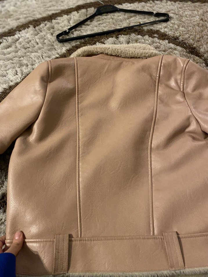 Bej Deri Ceket, Kürk Detaylı, Midi Boy - Görsel 2