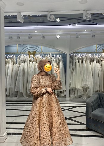 38 Beden camel Renk Bej bronz İşlemeli Uzun Tasarımcı Nişan Elbisesi