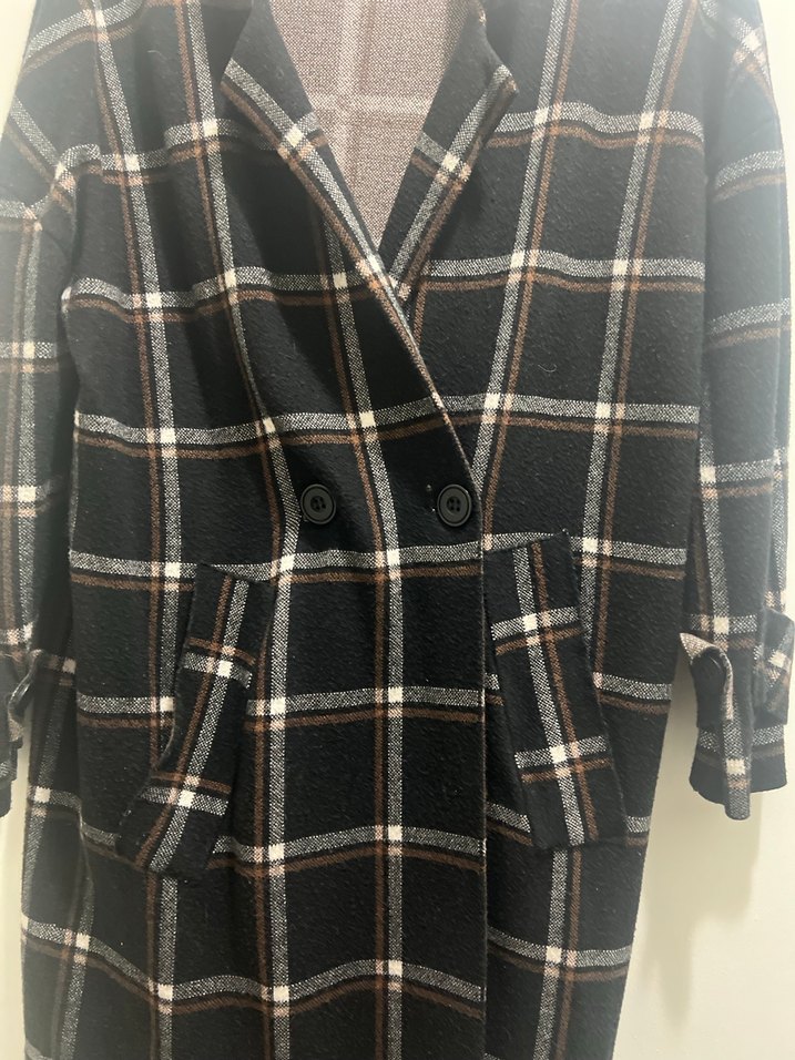 Gri Ekose Düğmeli Midi Kadın Kaban - Görsel 2