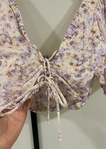 m Beden mor Renk Fırfırlı Mor Mini crop Bluz