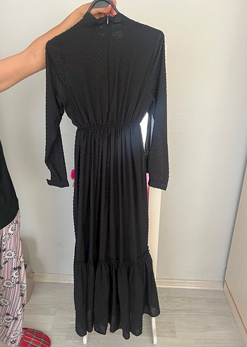 Uzun Kollu Siyah Fırfırlı Uzun Elbise - Görsel 3