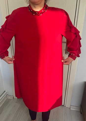 Kırmızı Uzun Kollu fırfırlı tunik elbise - Görsel 4