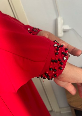 Kırmızı Uzun Kollu fırfırlı tunik elbise - Görsel 8