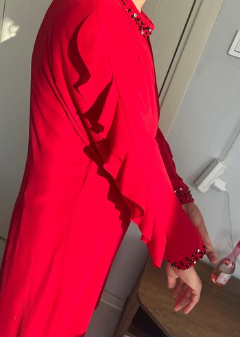 Kırmızı Uzun Kollu fırfırlı tunik elbise - Görsel 2