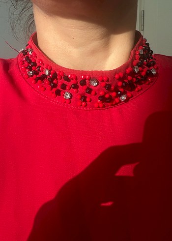 Kırmızı Uzun Kollu fırfırlı tunik elbise - Görsel 5