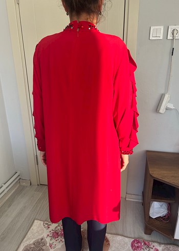 Kırmızı Uzun Kollu fırfırlı tunik elbise - Görsel 3