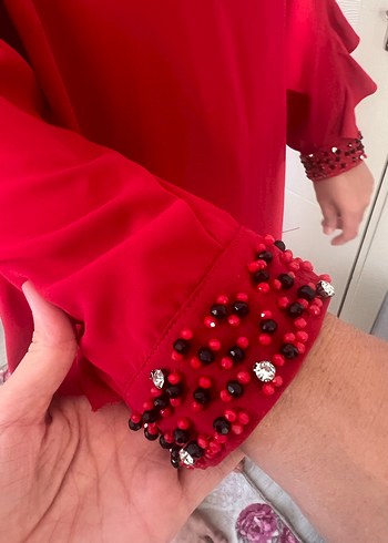 Kırmızı Uzun Kollu fırfırlı tunik elbise - Görsel 7