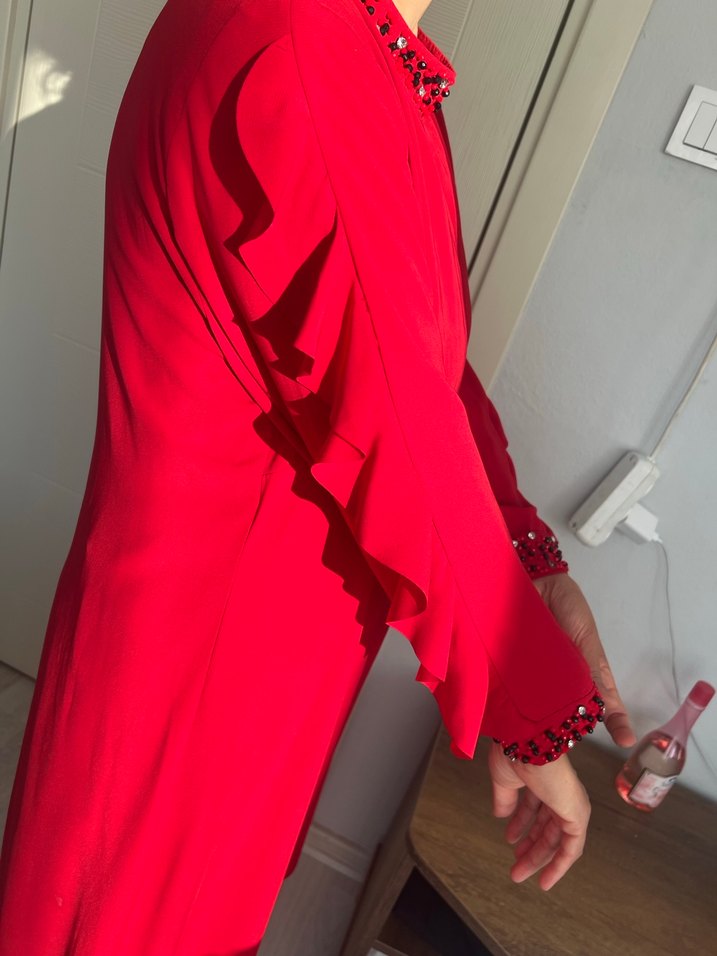 Kırmızı Uzun Kollu fırfırlı tunik elbise - Görsel 2
