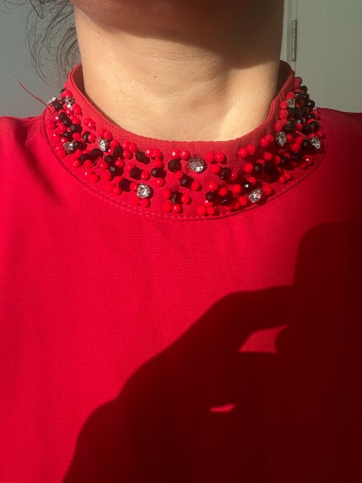 Kırmızı Uzun Kollu fırfırlı tunik elbise - Görsel 5