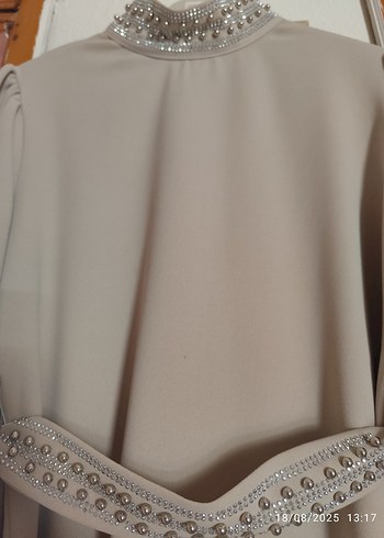 İnci Detaylı Uzun Bej Elbise - Görsel 6