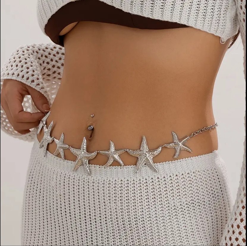 STOKTA VAR Gümüş rengi deniz yıldızlı bel zinciri, bel kemeri - Görsel 3