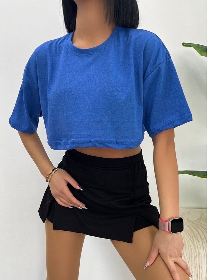 Kadın Mavi Kısa Denim Crop Top - Görsel 2