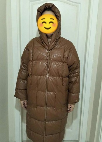 Kahverengi Uzun Deri Kadın Kışlık Mont - Görsel 7