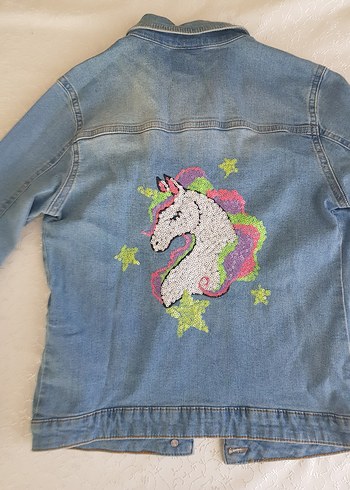 Nakışlı Mavi Kız Çocuk Denim Ceket - Görsel 3