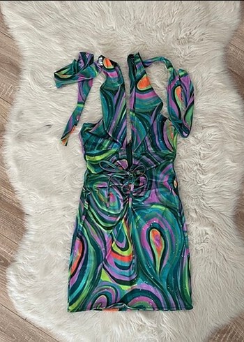 Straplez Halter Yaka Drapeli Çok Renkli Elbise