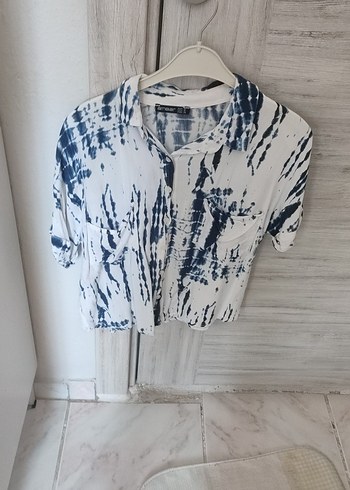 Düğmeli Kısa Kollu Batik Keten Gömlek