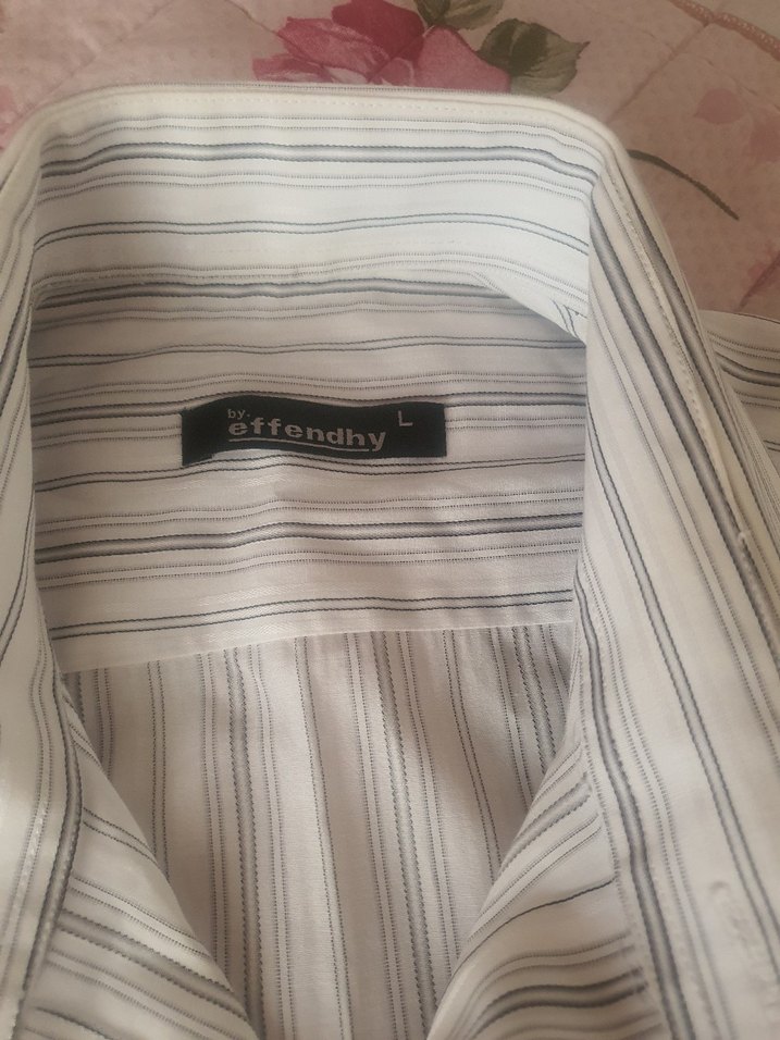 Erkek Kısa Kollu Beyaz Çizgili Gömlek L beden - Görsel 4