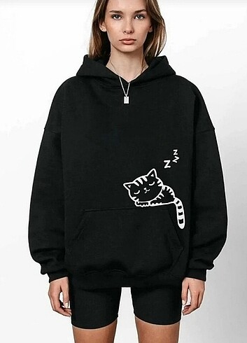 Baskılı Kapşonlu swehetshirt siyah ve Gri renk mevcut 