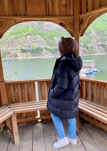 Siyah Şişme Midi Kadın Kışlık Mont