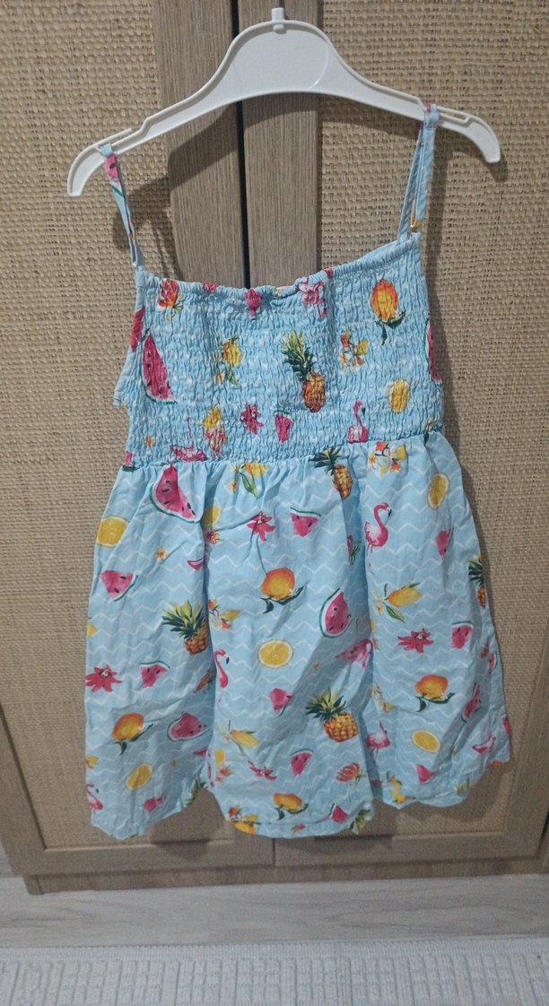 Mavi Tropikal Desenli Kız Elbisesi - Görsel 3