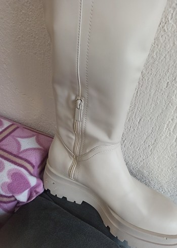 Beyaz Yüksek Topuklu Deri Dizüstü Çizme - Görsel 4