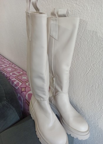 Beyaz Yüksek Topuklu Deri Dizüstü Çizme - Görsel 3