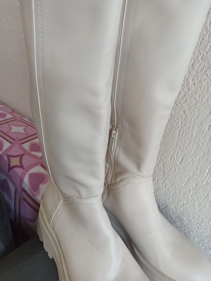 Beyaz Yüksek Topuklu Deri Dizüstü Çizme - Görsel 2