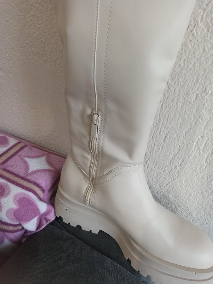 Beyaz Yüksek Topuklu Deri Dizüstü Çizme - Görsel 4