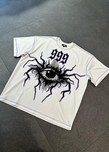 999 Eye Baskılı Beyaz Oversize T-shirt 