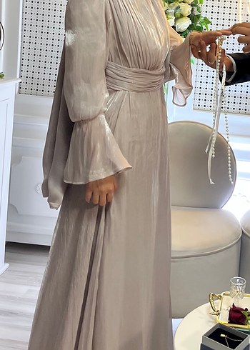 Drapeli  krem lila Uzun Gelinlik - Görsel 3