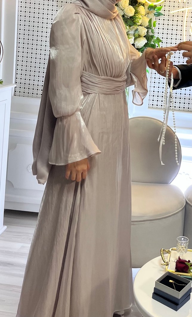 Drapeli  krem lila Uzun Gelinlik - Görsel 3