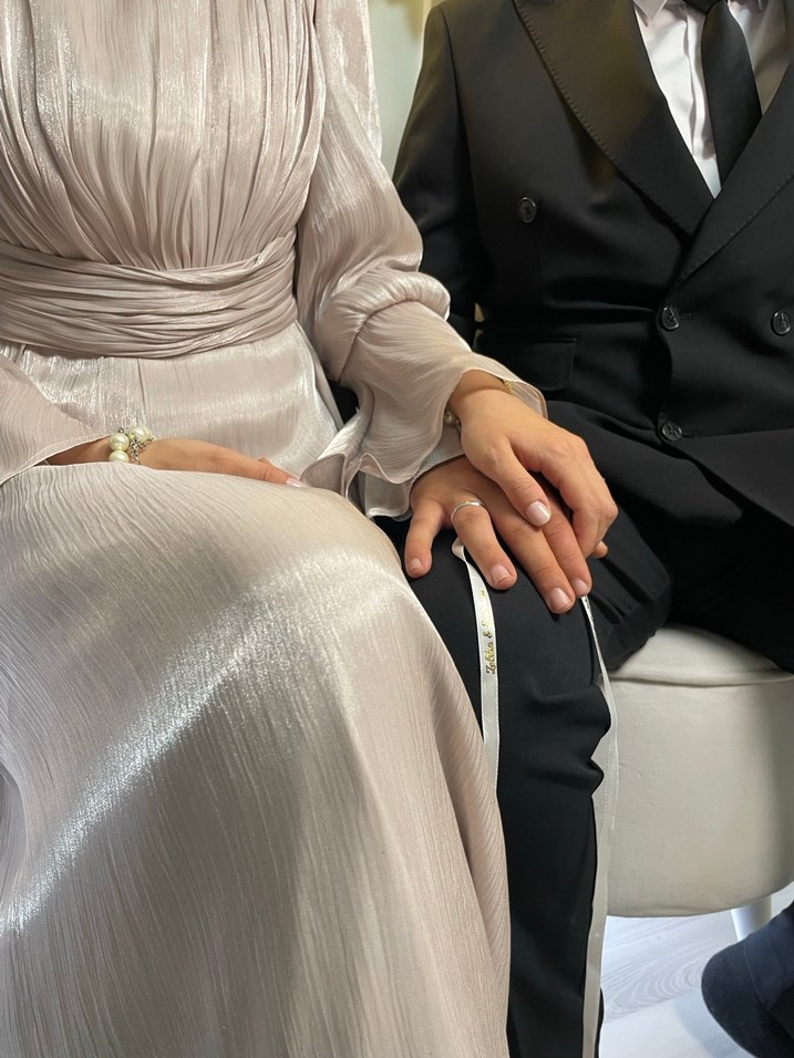 Drapeli  krem lila Uzun Gelinlik - Görsel 2