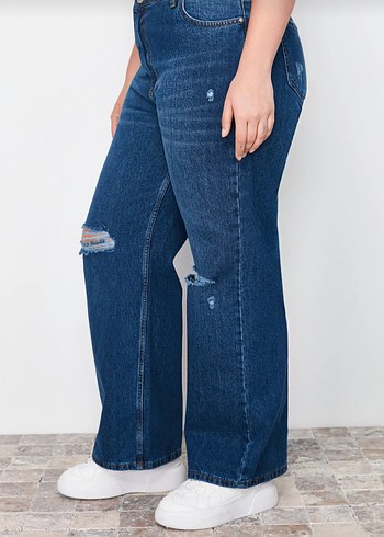 Kadın Lacivert Yırtık Detaylı Yüksek Bel Jean - Görsel 3