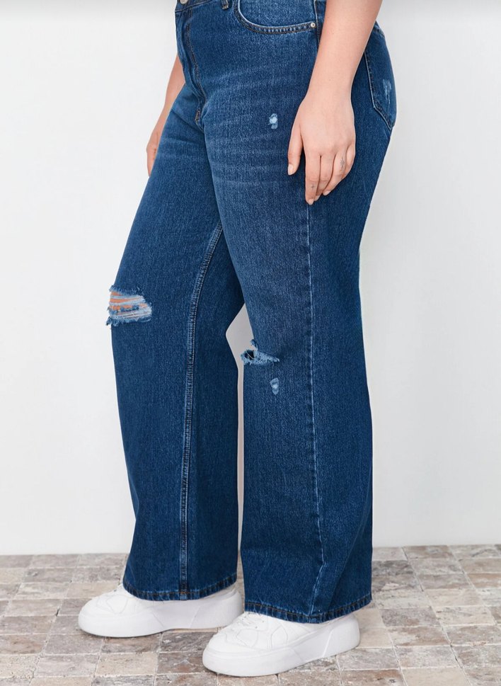 Kadın Lacivert Yırtık Detaylı Yüksek Bel Jean - Görsel 3