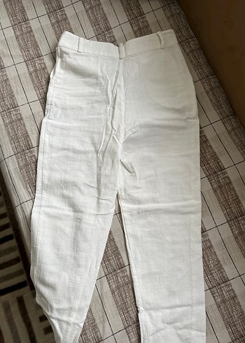 Beyaz Keten Kadın Pantolon Midi Boy - Görsel 3