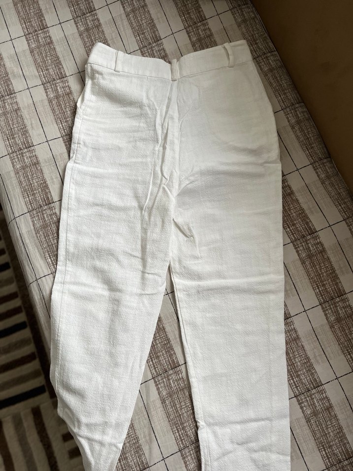 Beyaz Keten Kadın Pantolon Midi Boy - Görsel 3