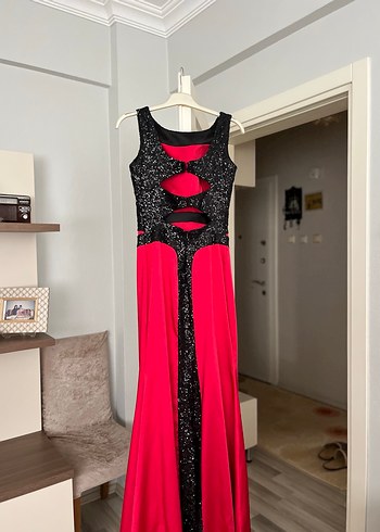 Kırmızı Drapeli Uzun Abiye Elbise - Görsel 2