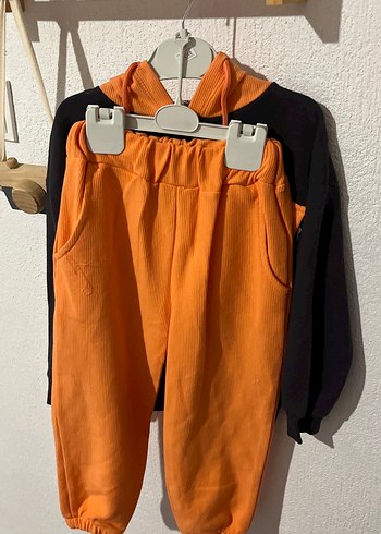6 Yaş Beden Siyah Turuncu Kapüşonlu Erkek Sweatshirt Takım