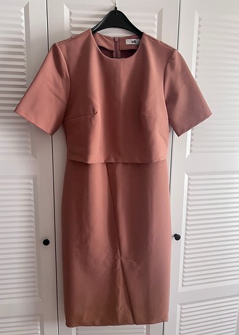 Bej Midi Kalem Elbise, Kısa Kollu, Regular Fit
