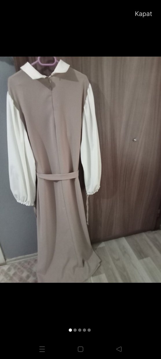 Bej Uzun Kollu Salaş Uzun Elbise - Görsel 2