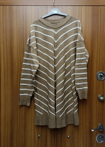 Çizgili Uzun Kahverengi Triko Kazak - Görsel 2