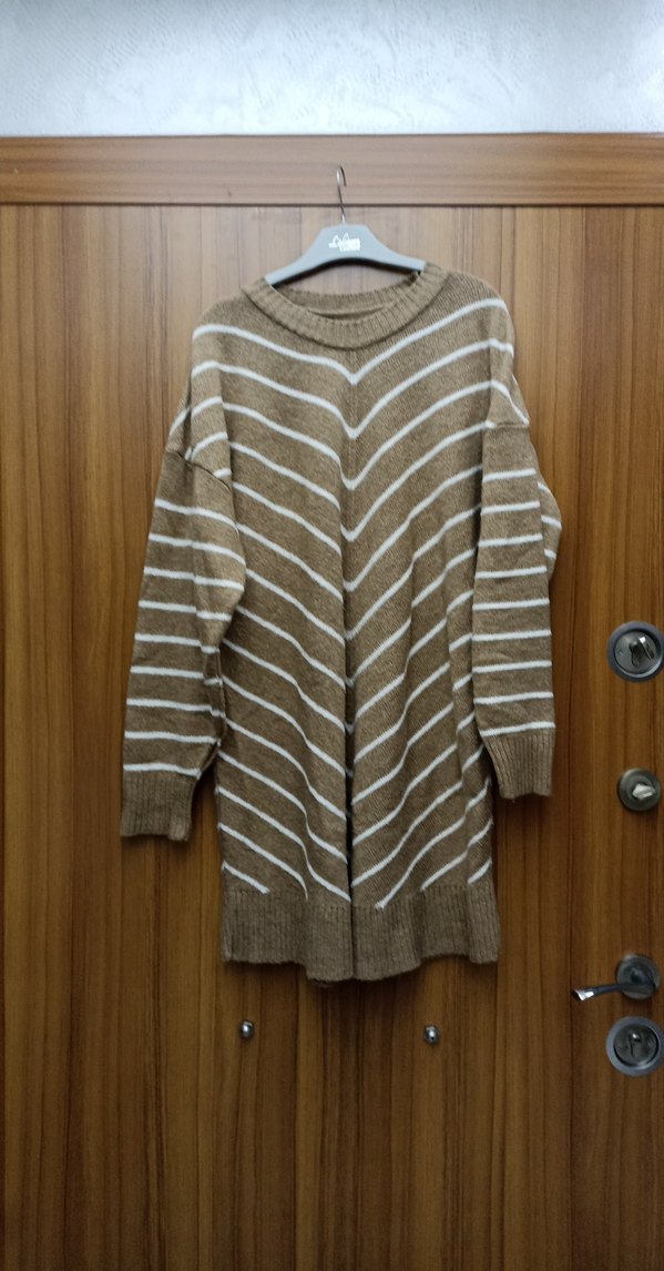 Çizgili Uzun Kahverengi Triko Kazak - Görsel 2