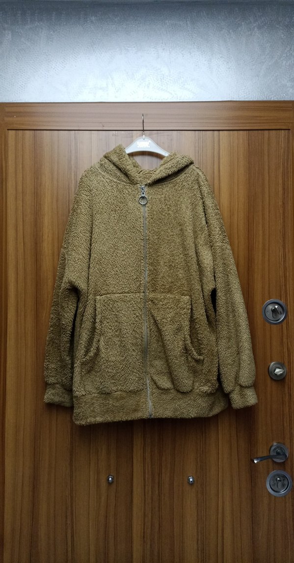 Kahverengi Kapüşonlu Peluş Kadın Ceket - Görsel 2