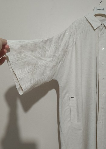 Uzun Kesim Beyaz  Keten Tunik - Görsel 4