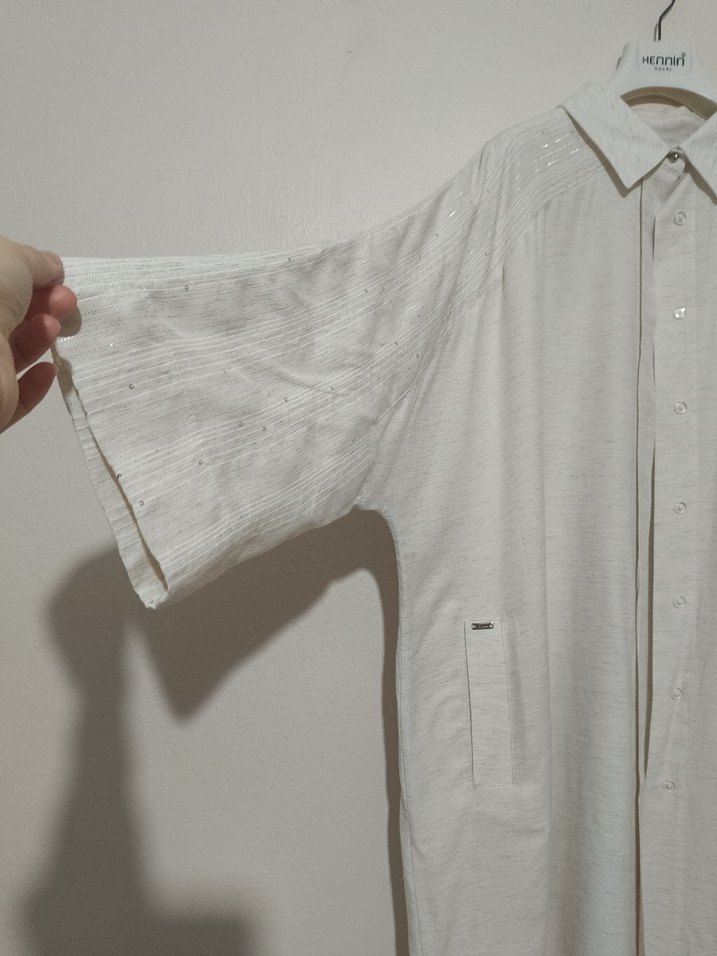 Uzun Kesim Beyaz  Keten Tunik - Görsel 4