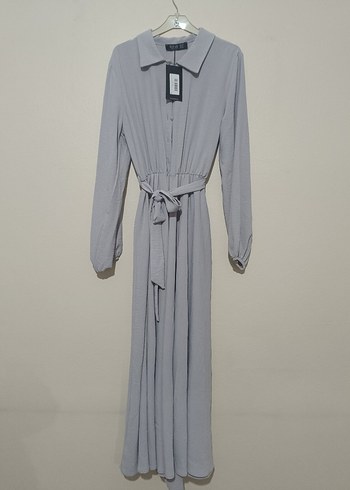 Gri Uzun Kollu Kemerli Uzun Elbise - Görsel 4